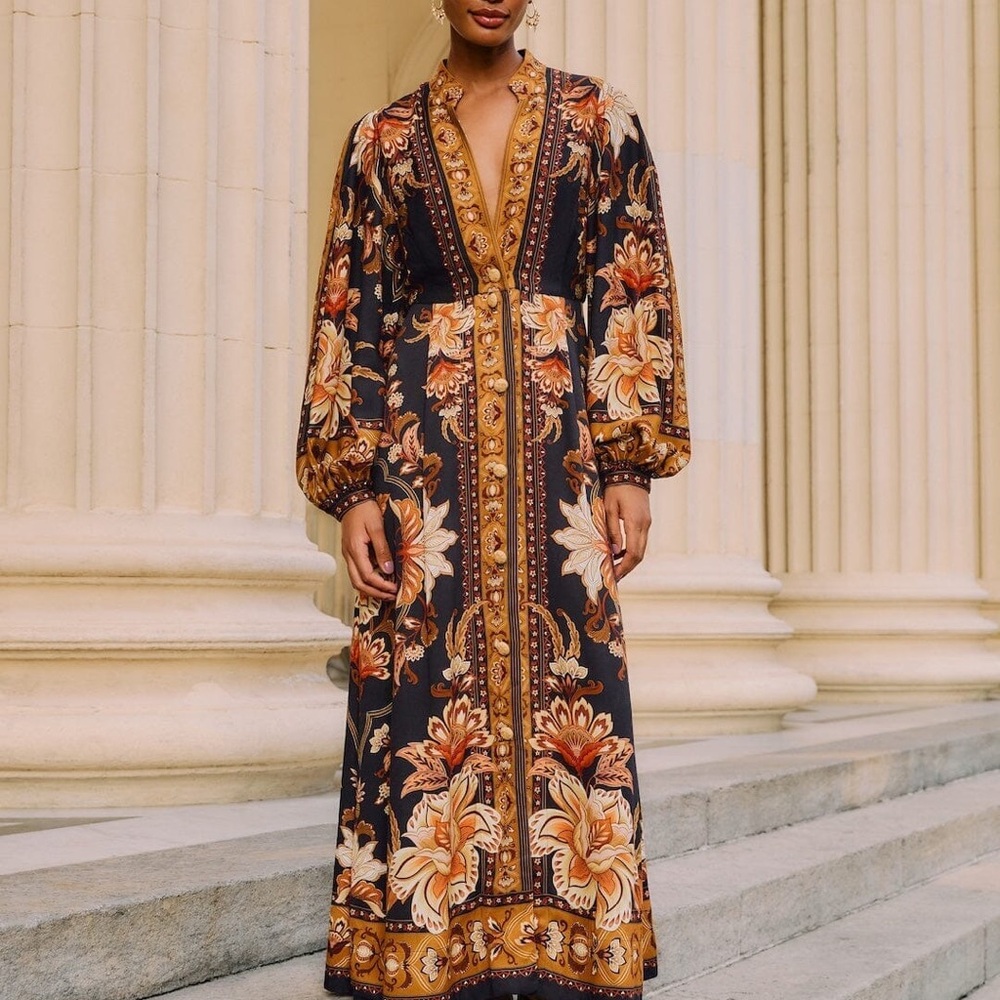 Black Majestic Garden Buttoned Puff Sleeve Maxi Dress from FARM Rio
